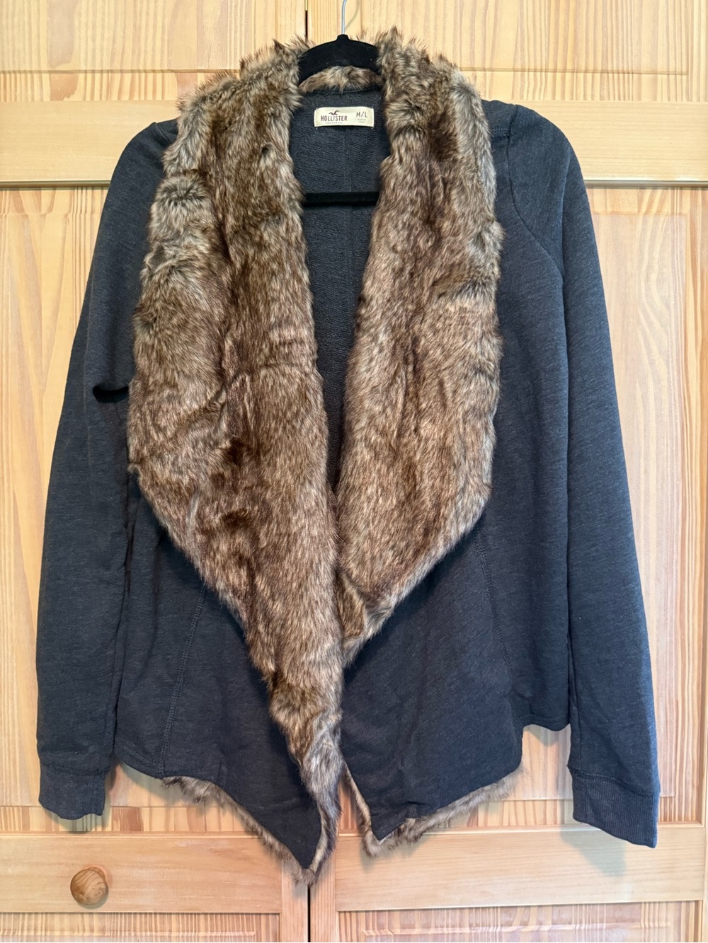 Hollister Charcoal Gray Open Cardigan with Brown Faux Fur Trim